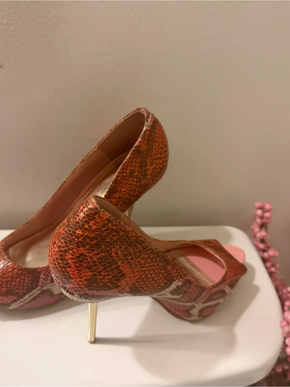 Michele Pink-Red Snakeskin Pattern Heels with Gold Tone Stiletto